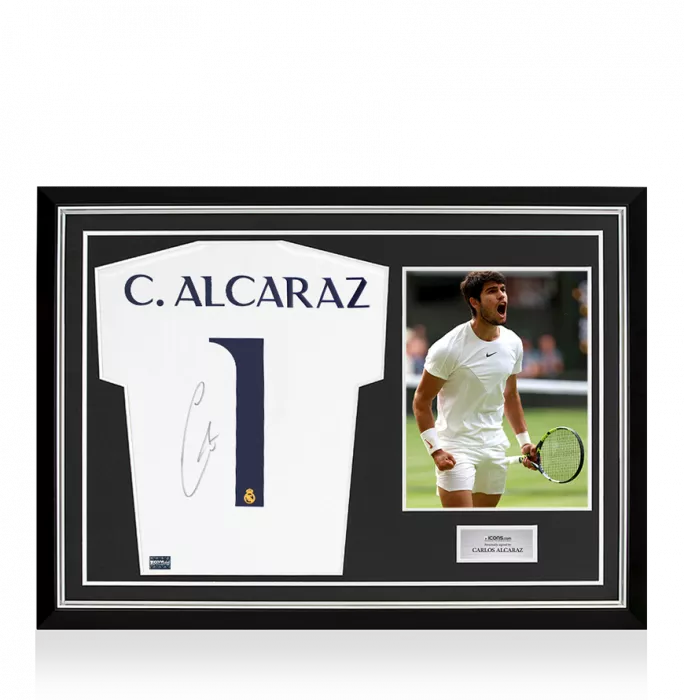 Carlos Alcaraz Back Signed Real Madrid CF 2023-24 Home Shirt In Hero Frame: Option 1