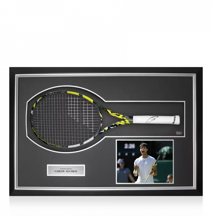 Carlos Alcaraz Signed and Framed Black and Yellow Babolat Pure Aero Tennis Racket