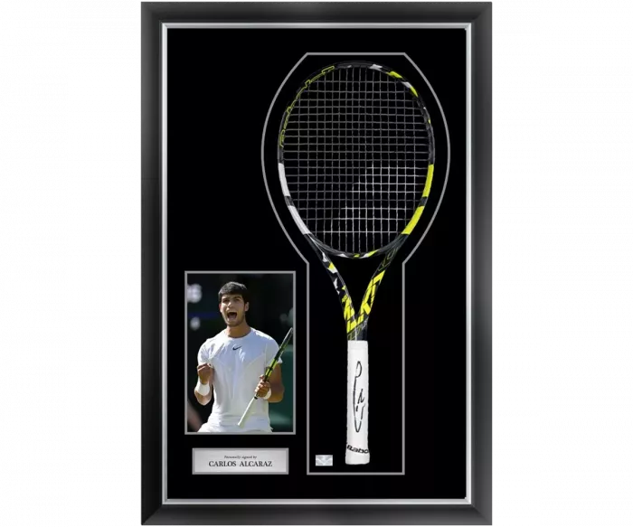 Carlos Alcaraz Signed and Framed Black and Yellow Babolat Pure Aero Tennis Racket