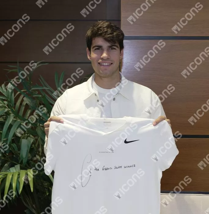 Carlos Alcaraz Signed Nike Advantage Slam T- Shirt - "4x Grand Slam Winner" Inscription In Classic Frame
