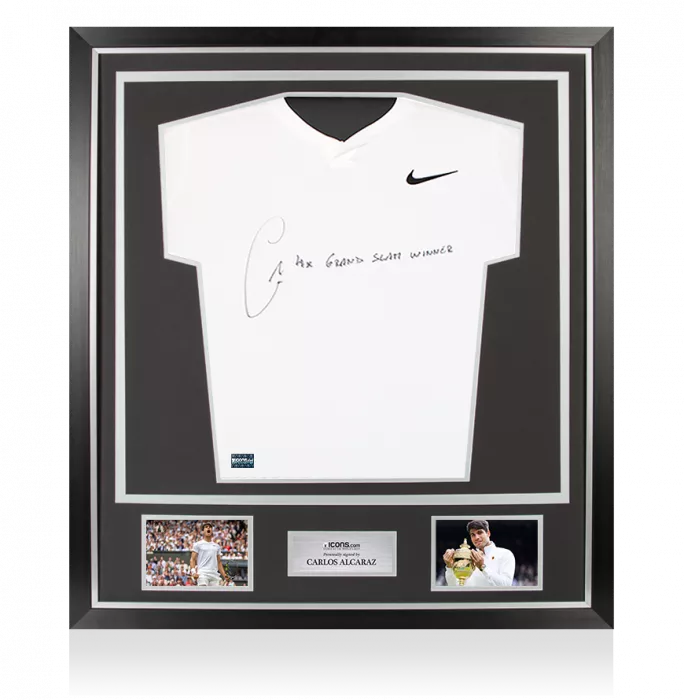 Carlos Alcaraz Signed Nike Advantage Slam T- Shirt - "4x Grand Slam Winner" Inscription In Classic Frame