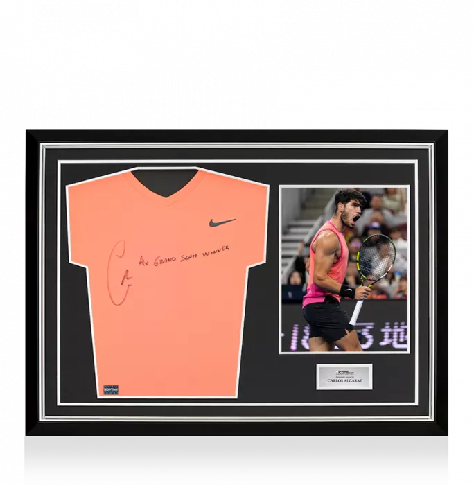 Carlos Alcaraz Signed Nike Dri-Fit Court Victory Tennis T-Shirt - "4x Grand Slam Winner" Inscription In Hero Frame: Option 1