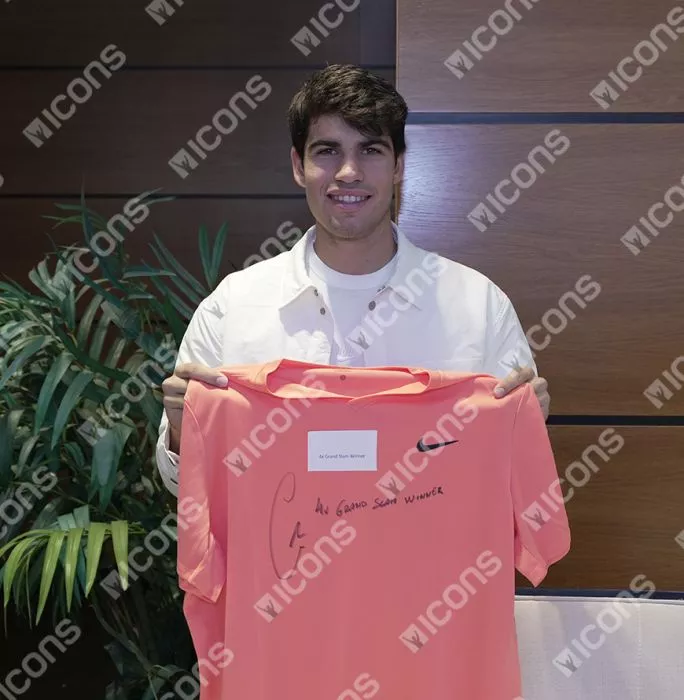 Carlos Alcaraz Signed Nike Dri-Fit Court Victory Tennis T-Shirt - "4x Grand Slam Winner" Inscription In Classic Frame