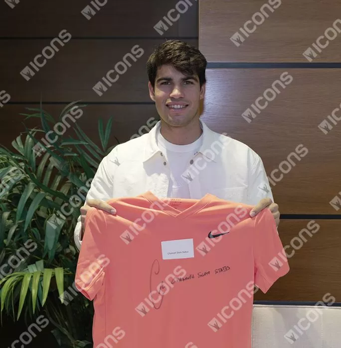 Carlos Alcaraz Signed Nike Dri-Fit Court Victory Tennis T-Shirt - "Channel Slam Status" Inscription In Hero Frame: Option 1