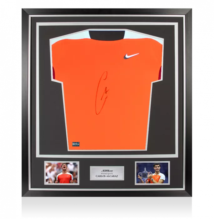 Carlos Alcaraz Signed Orange Nike Court Slam Tennis Shirt In Classic Frame
