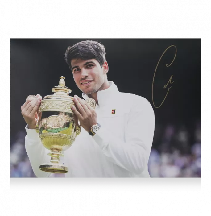 Carlos Alcaraz Signed Photo In Black Wooden Frame: Wimbledon 2024 Trophy Lift