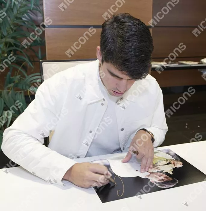 Carlos Alcaraz Signed Photo In Black Wooden Frame: Wimbledon 2024 Trophy Lift