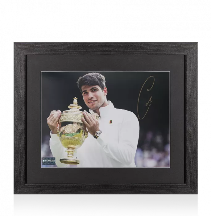 Carlos Alcaraz Signed Photo In Black Wooden Frame: Wimbledon 2024 Trophy Lift