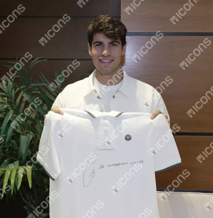 Carlos Alcaraz Signed Wimbledon Polo Shirt - "2x Wimbledon Winner" Inscription In Hero Frame: Option 1