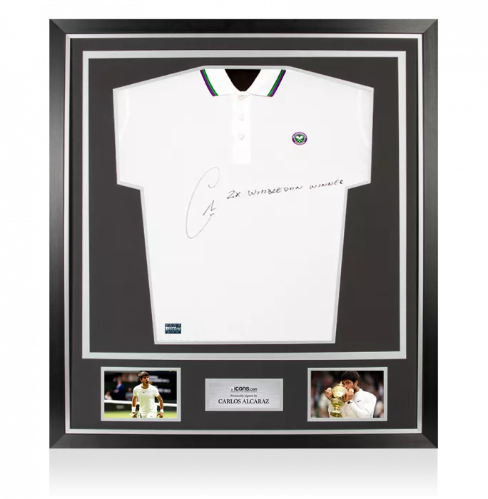 Carlos Alcaraz Signed Wimbledon Polo Shirt - "2x Wimbledon Winner" Inscription In Classic Frame