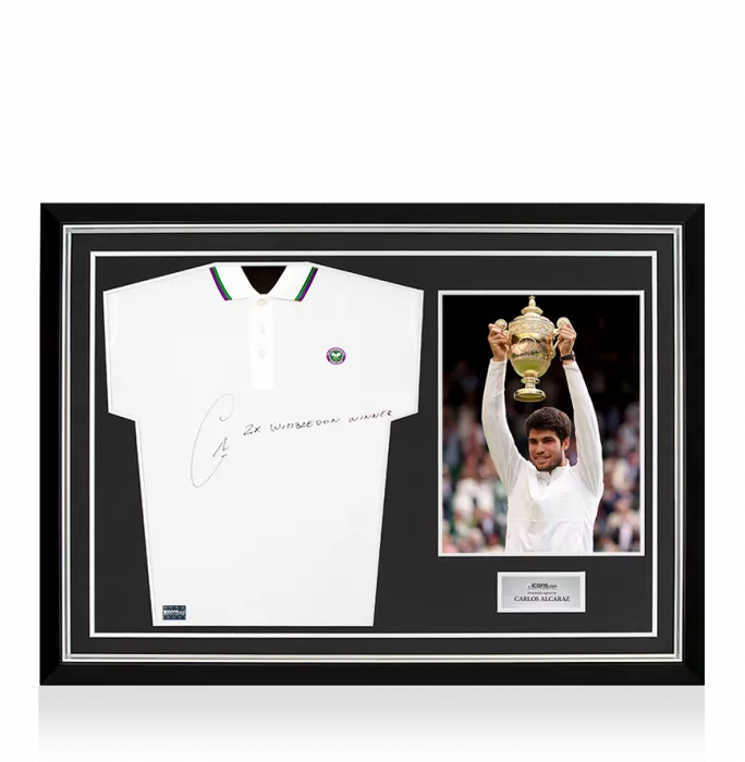 Carlos Alcaraz Signed Wimbledon Polo Shirt - "2x Wimbledon Winner" Inscription In Hero Frame: Option 1