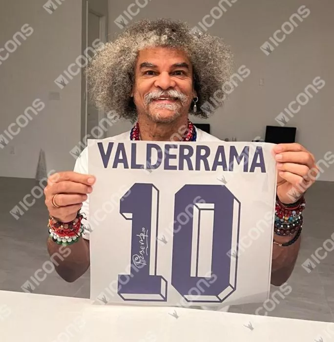 Carlos Valderrama Back Signed Colombia 2022-23 Home Shirt With Fan Style Numbers In Hero Frame: Option 1