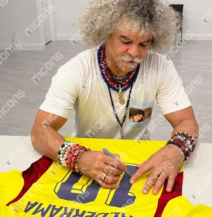 Carlos Valderrama Back Signed Colombia 2022-23 Home Shirt With Fan Style Numbers In Hero Frame: Option 1
