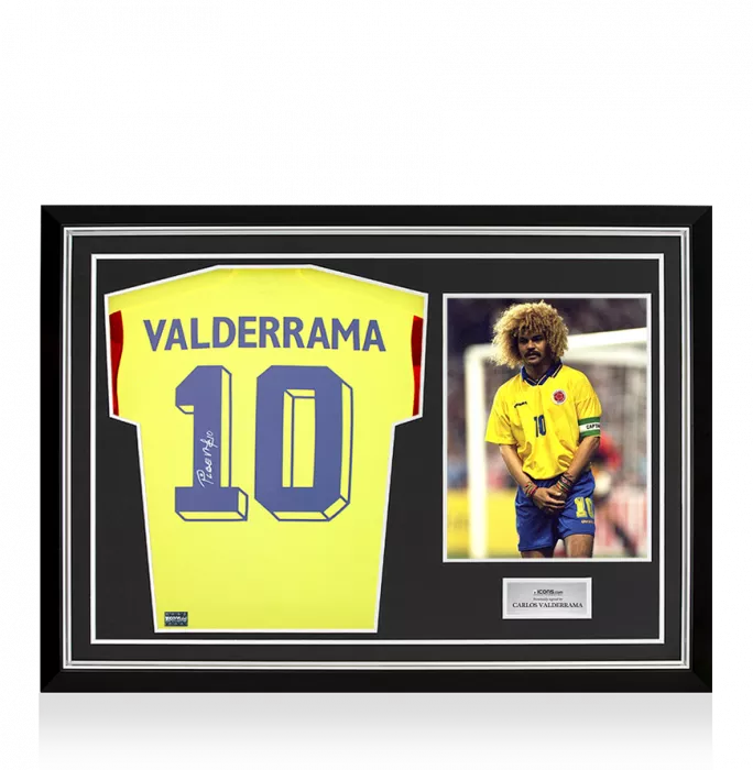 Carlos Valderrama Back Signed Colombia 2022-23 Home Shirt With Fan Style Numbers In Hero Frame: Option 1