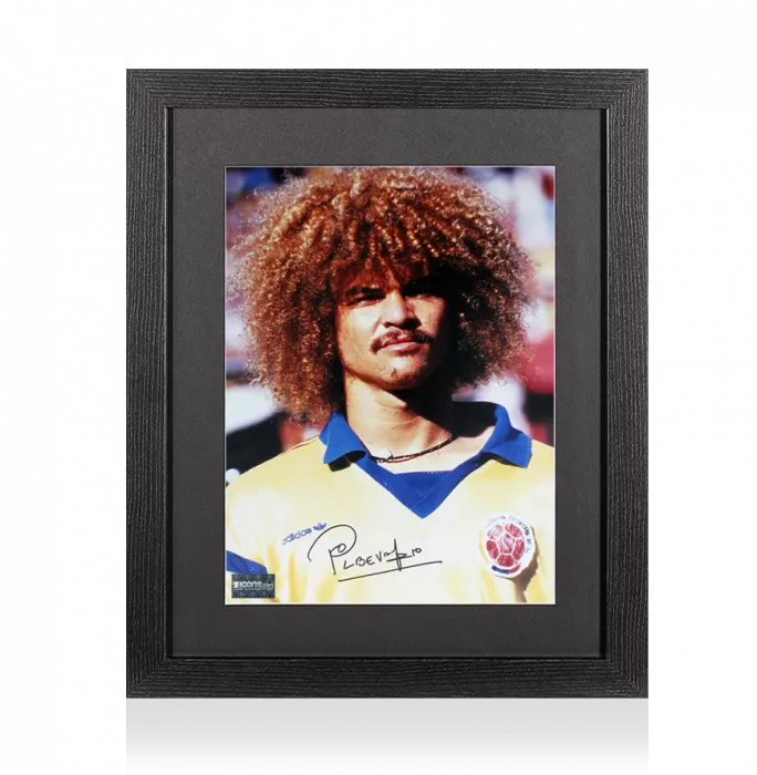 Carlos Valderrama Signed Colombia Photo in Black Wooden Frame: Head Shot