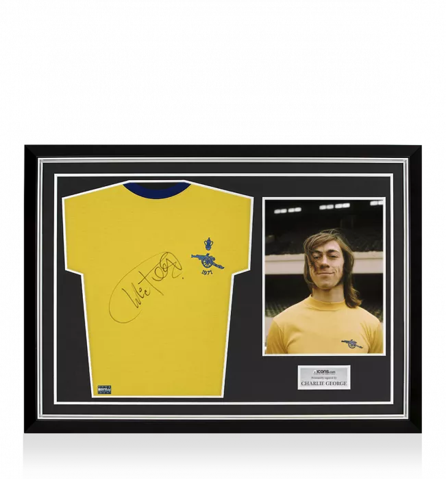 Charlie George Front Signed Retro Arsenal Away Shirt: 1971 FA Cup Winners Edition Home Shirt In Hero Frame: Option 1