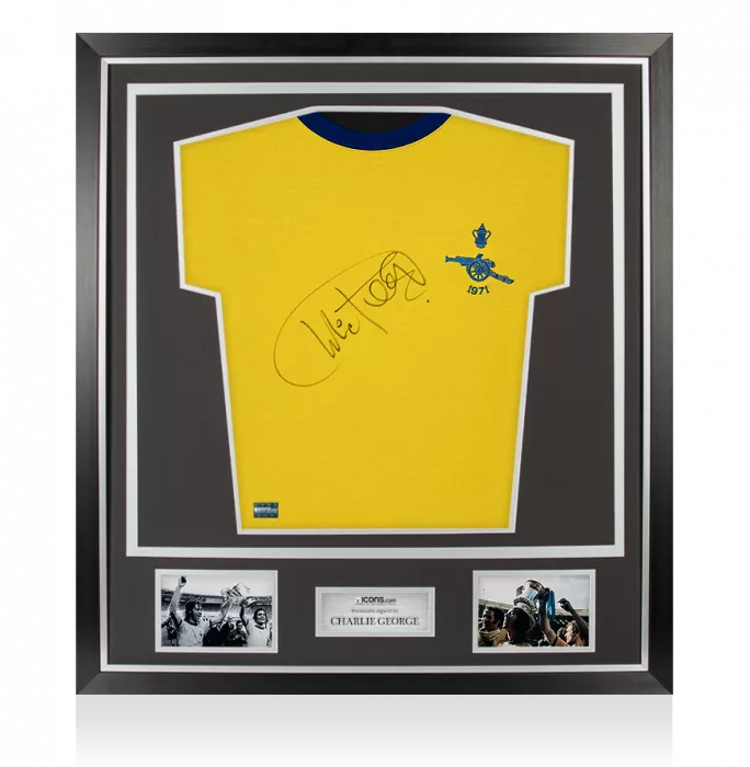 Charlie George Front Signed Retro Arsenal Away Shirt In Classic Frame: 1971 FA Cup Winners Edition