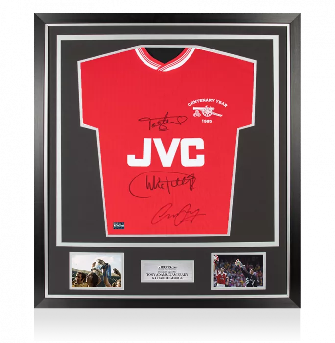 Charlie George Tony Adams & Liam Brady Front Signed Arsenal Home Shirt In Classic Frame