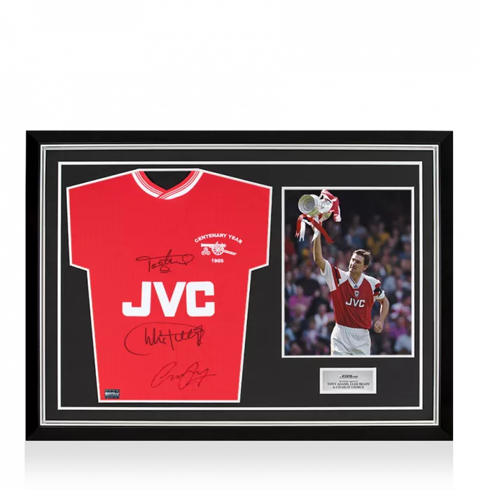Charlie George Tony Adams & Liam Brady Front Signed Arsenal Home Shirt In Hero Frame: Option 1