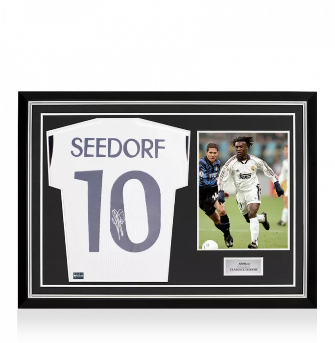 Clarence Seedorf Back Signed Real Madrid 2023-24 Home Shirt with Fan Style Numbers In Hero Frame: Option 1