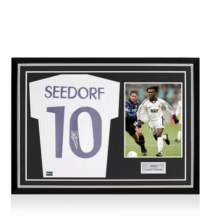 Clarence Seedorf Back Signed Real Madrid Icon Shirt with Fan Style Numbers In Hero Frame: Option 1