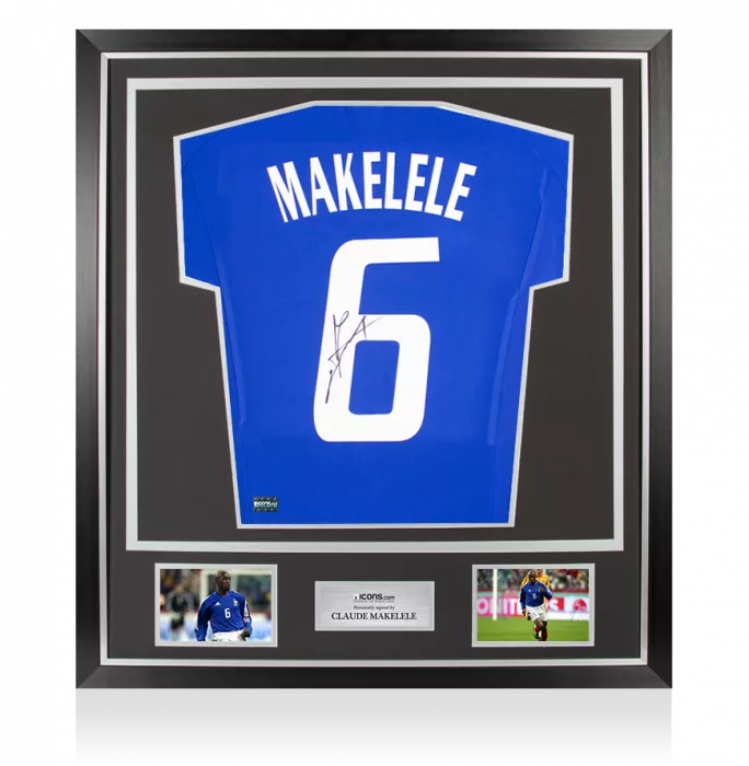 Claude Makelele Back Signed France 2002-04 Home Shirt with Fan Style Numbers In Classic Frame
