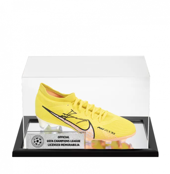 Claude Makelele Official UEFA Champions League Signed Yellow Nike Mercurial Boot In Acrylic Case