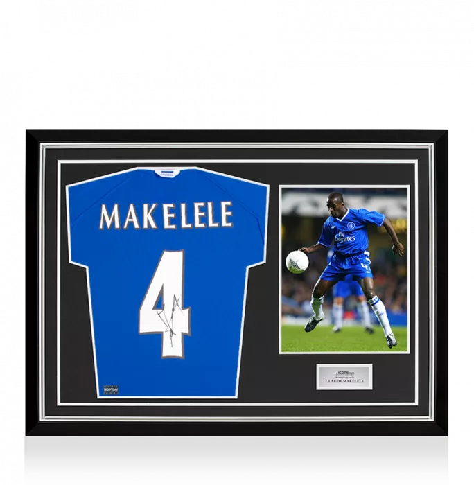 Claude Makelele Signed Retro Chelsea FC Shirt with Fan Style Numbers In Hero Frame: Option 1
