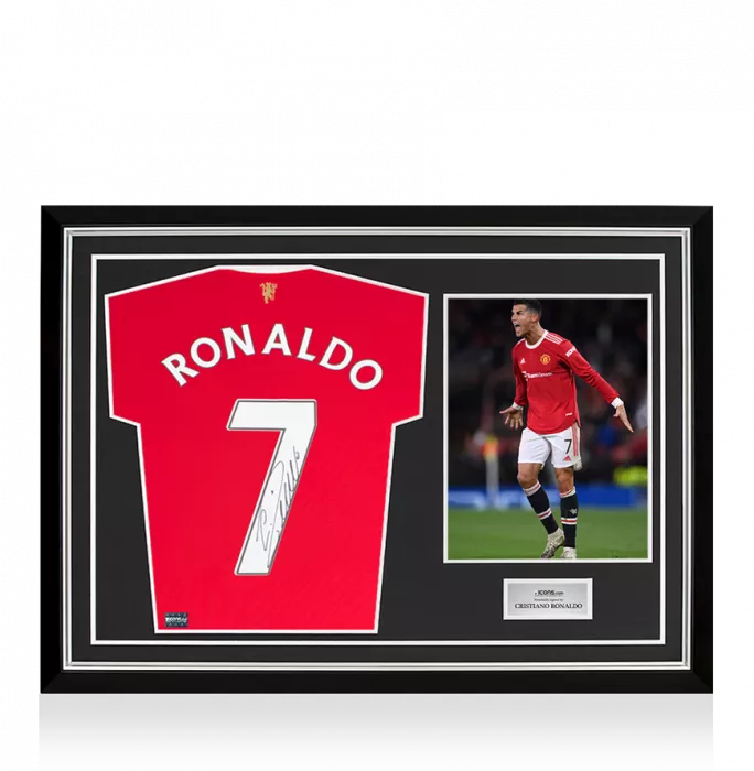 Cristiano Ronaldo Back Signed Manchester United 2021-22 Home Shirt with Retro Fan Style Numbers In Hero Frame: Option 1