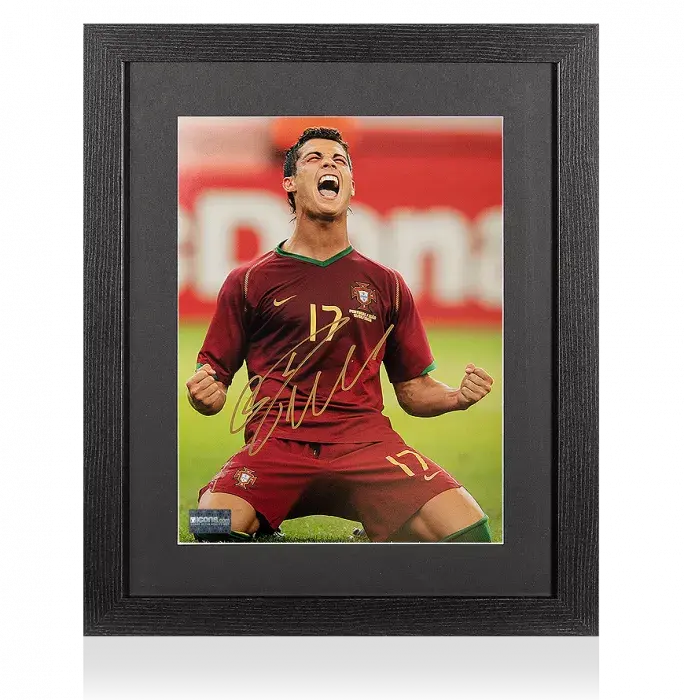 Cristiano Ronaldo Gold Signed Portugal Photo In Black Wooden Frame: 2006 FIFA World Cup Goal Vs Iran