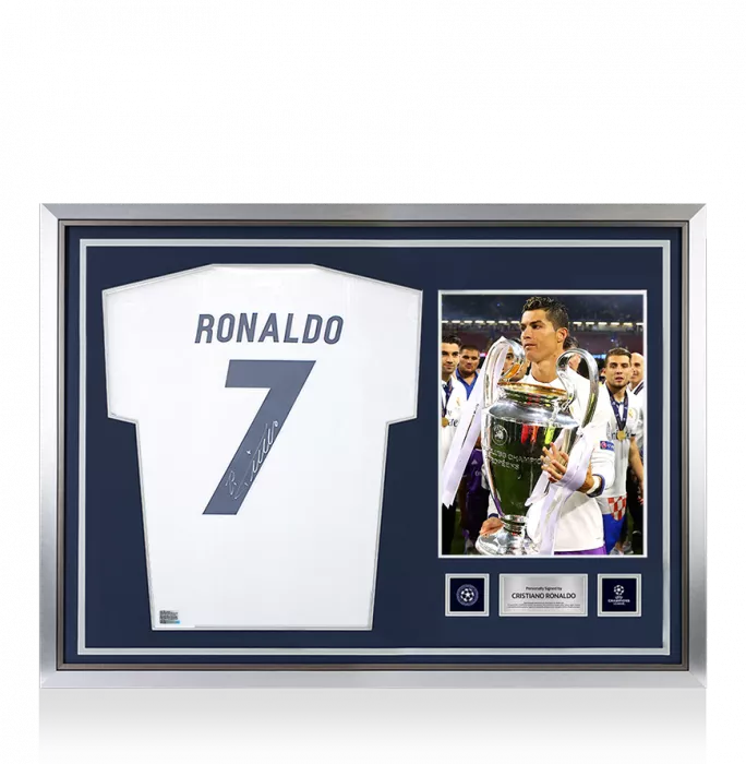 Cristiano Ronaldo Official UEFA Champions League Back Signed And Hero Framed Real Madrid Modern Home Shirt