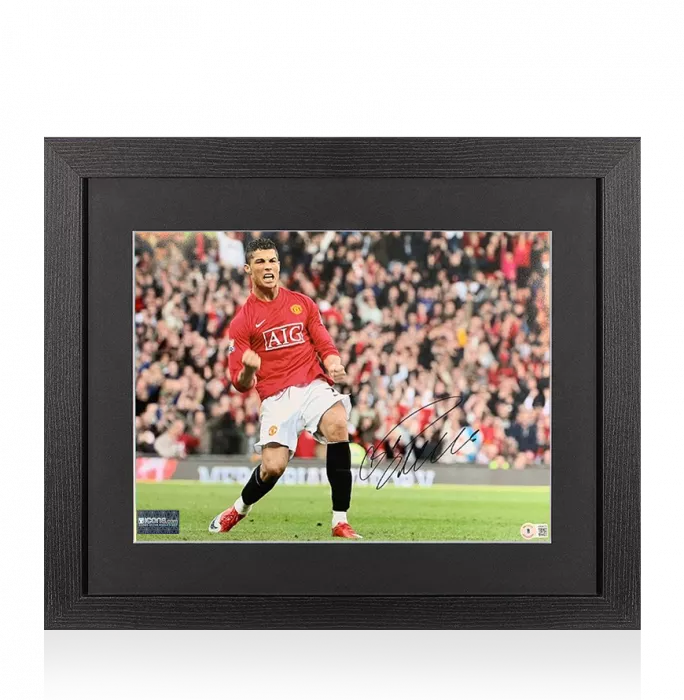 Cristiano Ronaldo Signed Manchester United Photo In Black Wooden Frame: Celebration