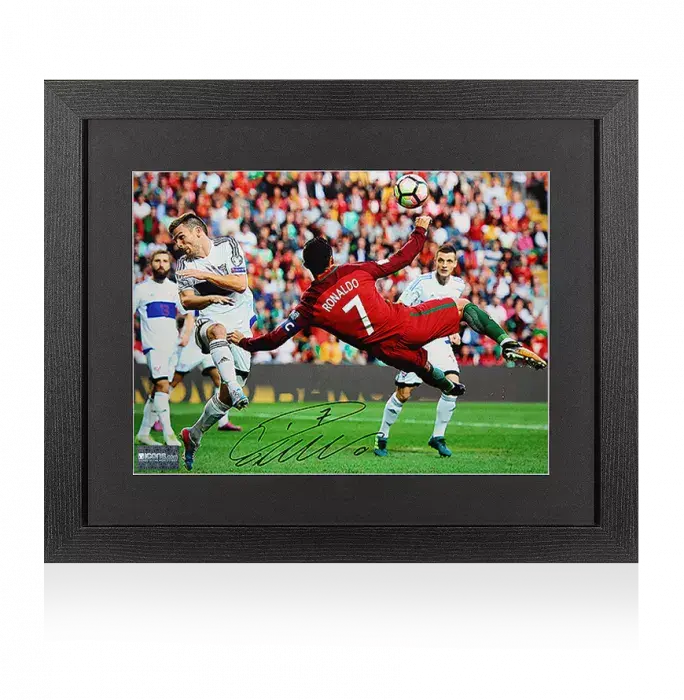 Cristiano Ronaldo Signed Portugal Photo In Black Wooden Frame: Overhead Kick Goal