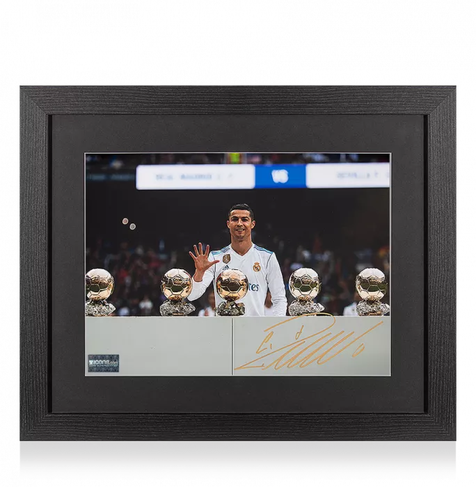 Cristiano Ronaldo Signed Real Madrid Photo In Black Wooden Frame: Five-Time Ballon D'Or Winner