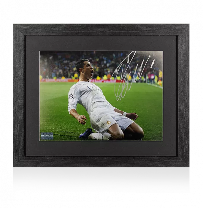 Cristiano Ronaldo Signed Real Madrid Photo In Black Wooden Frame: Kneeslide Celebration