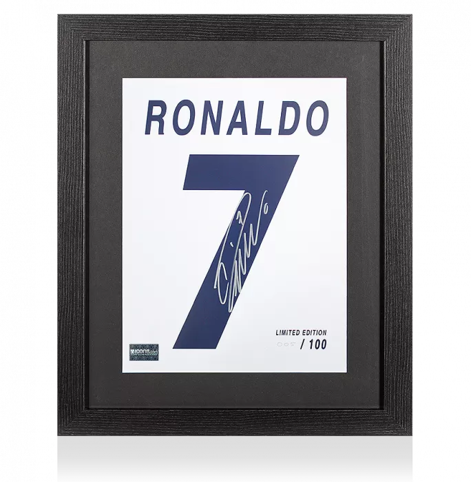 Cristiano Ronaldo Signed Real Madrid Shirt Print In Black Wooden Frame: Limited Edition 'Ronaldo 7'