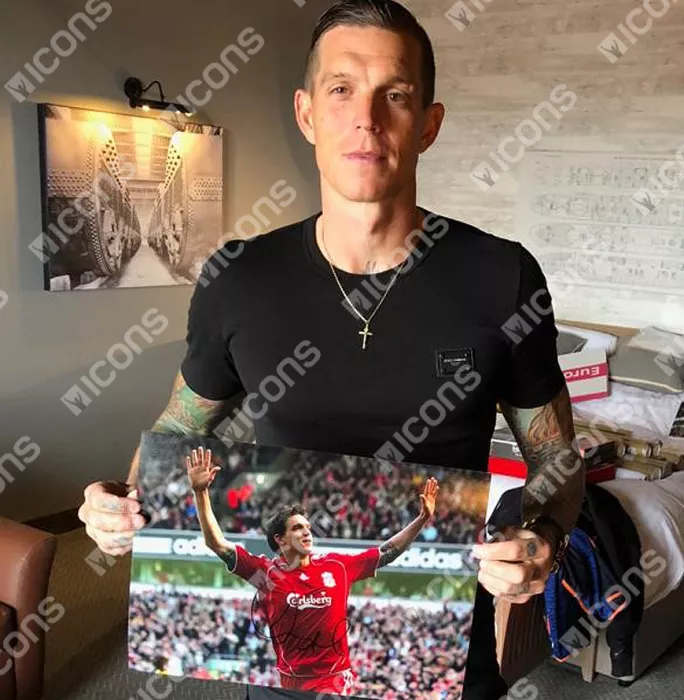 Daniel Agger Signed Liverpool Photo In Black Wooden Frame: Goal Vs Arsenal