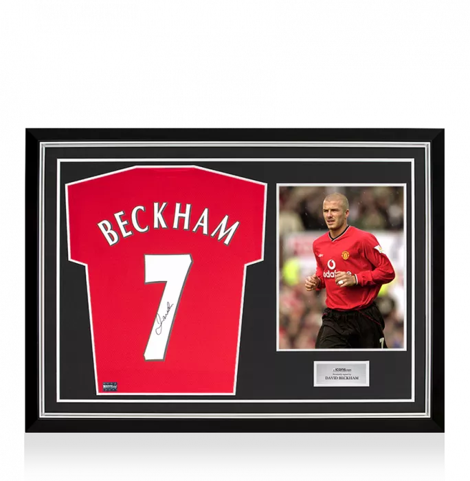 David Beckham Back Signed Modern Manchester United Home Shirt With Fan Style Numbers In Hero Frame: Option 1