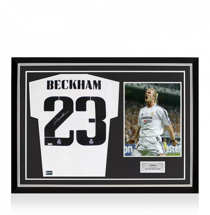David Beckham Back Signed Real Madrid 2022-23 Home Shirt In Hero Frame: Option 1