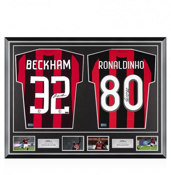 David Beckham & Ronaldinho Signed AC Milan Shirts In Classic Dual Frame