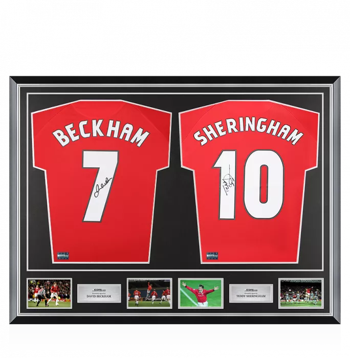 David Beckham & Teddy Sheringham Signed Manchester United Home Shirts In Classic Dual Frame