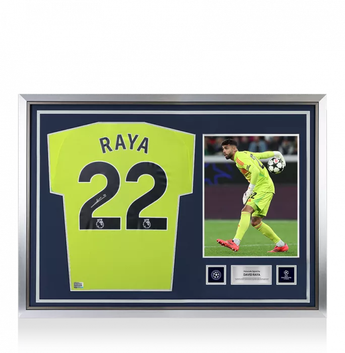 David Raya Official UEFA Champions League Back Signed And Hero Framed Arsenal 2024-25 Home Goalkeeper Shirt
