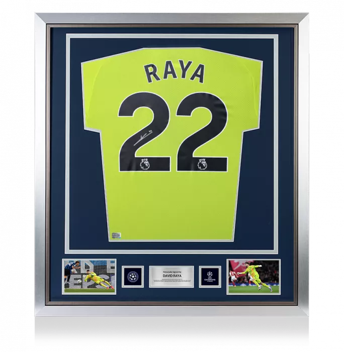 David Raya Official UEFA Champions League Back Signed and Framed Arsenal 2024-25 Home Goalkeeper Shirt