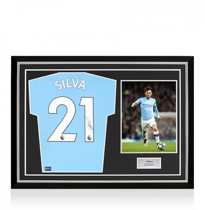 David Silva Back Signed Manchester City 2021-22 Home Shirt In Hero Frame: Option 1