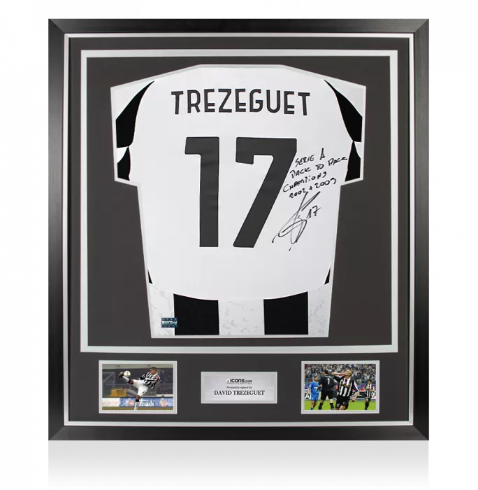 David Trezeguet Back Signed Juventus 2024-25 Home Shirt - Serie A Back to Back Champions 2002-2003 Inscription In Classic Frame