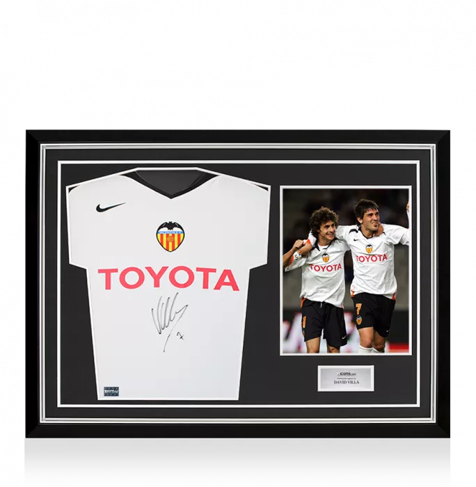 David Villa Front Signed Valencia CF 2005-06 Home Shirt In Hero Frame: Option 1