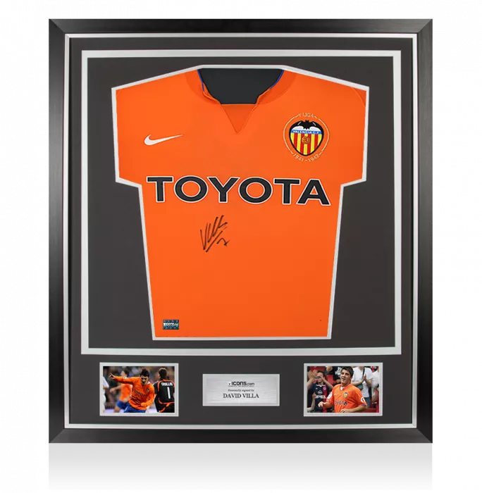 David Villa Front Signed Valencia CF 2007-08 Away Shirt In Classic Frame
