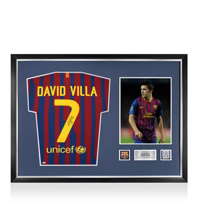 David Villa Official FC Barcelona Back Signed and Framed 2011-12 Home Shirt - Long Sleeved