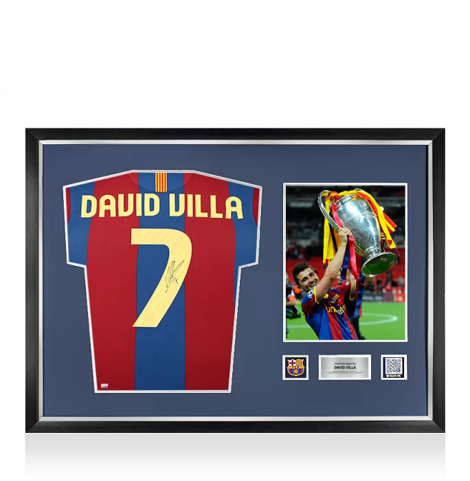 David Villa Official FC Barcelona Back Signed and Framed 2010-11 Home Shirt with Fan Style Number
