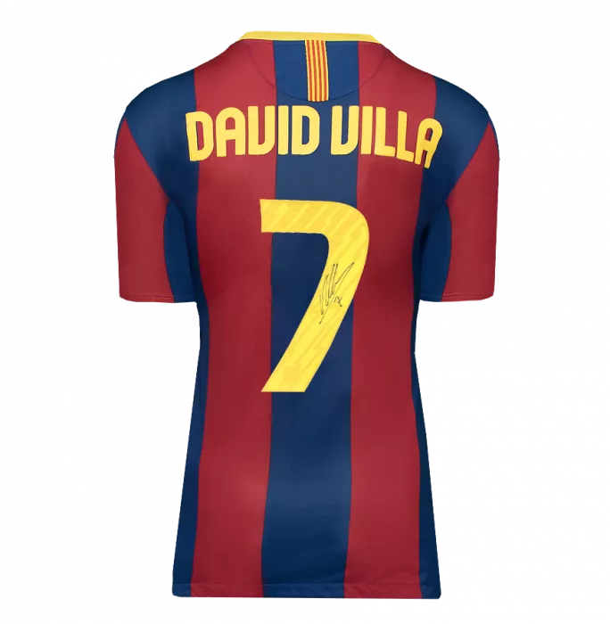 David Villa Official UEFA Champions League Back Signed And Hero Framed FC Barcelona 2010-11 Home Shirt With Fan Style Number